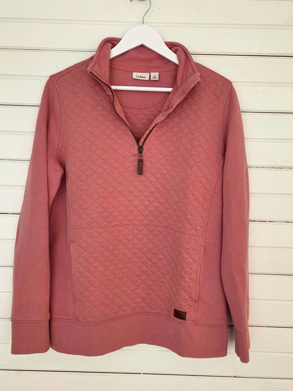 LL Bean Womens Quilted Quarter Zip Pullover Dusty Pink Sweatshirt Sweater Medium
